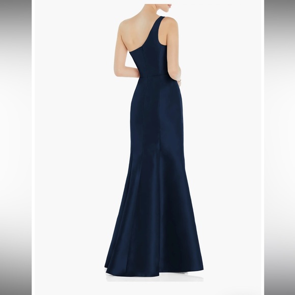 NWT Alfred Sung One-Shoulder Satin Twill Trumpet Gown Midnight Navy size 4 - Picture 3 of 8